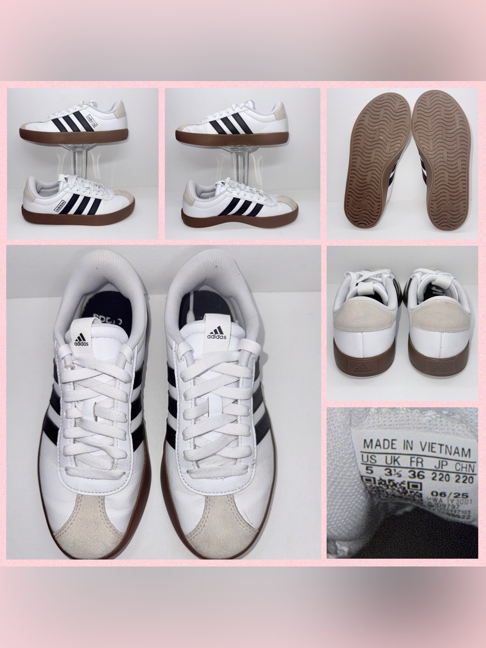 adidas Men’s White Sneakers with Black Stripes and Brown Gum Sole